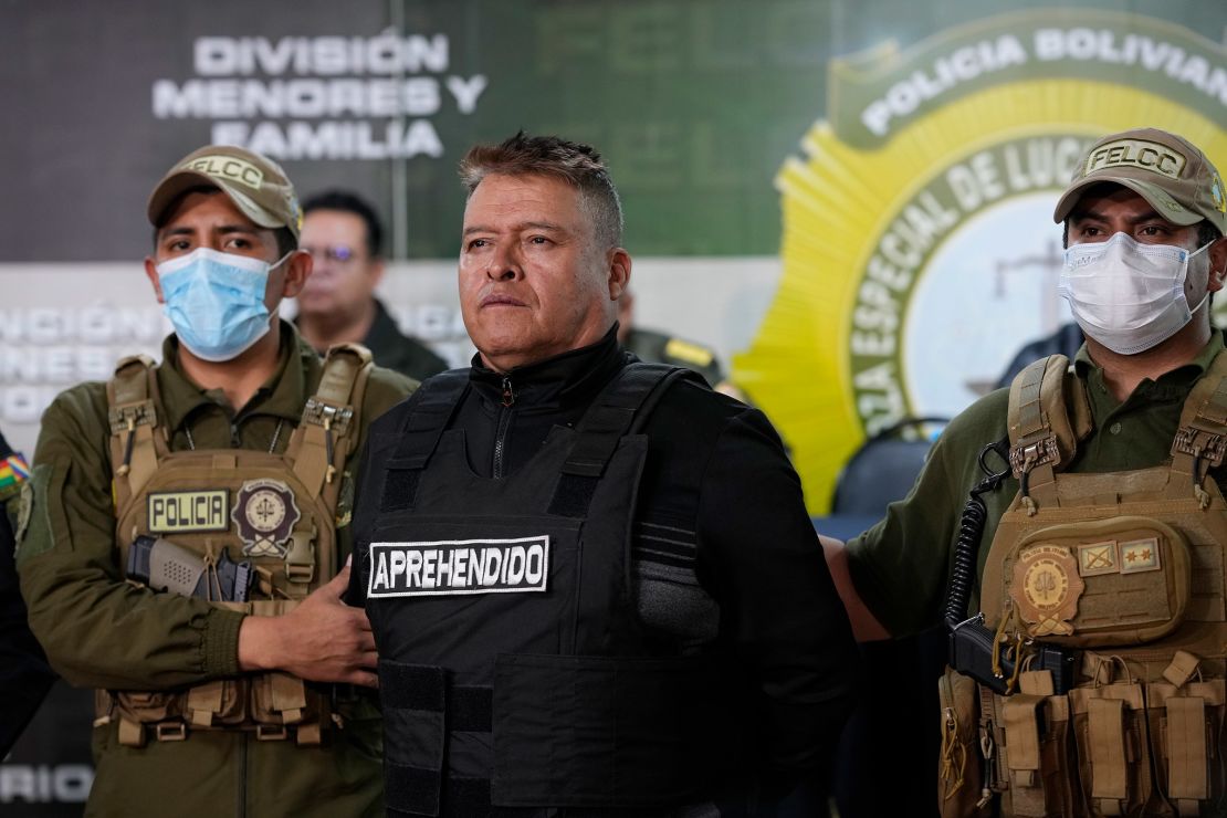 Bolivian police hold the detained Juan Jose Zúñiga, former general commander of the army, in La Paz, Bolivia, on June 26, 2024.