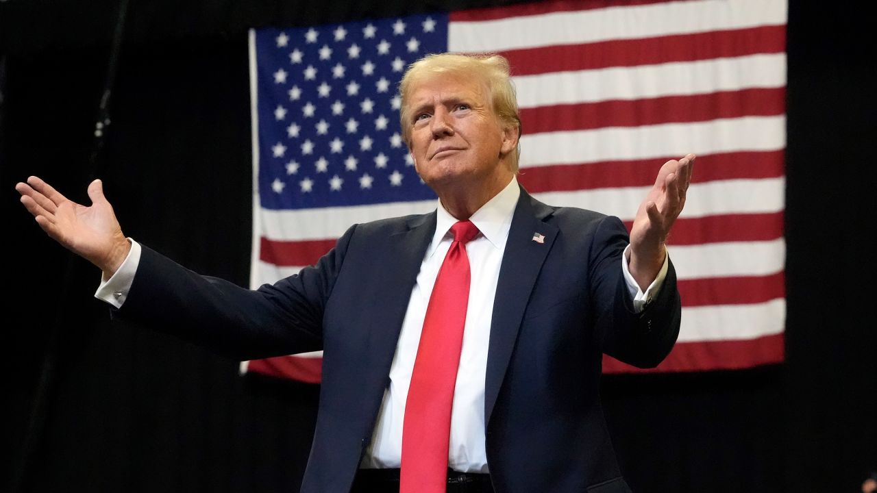 Former President Donald Trump arrives to speak at a campaign rally in Bozeman, Montana, on August 9, 2024.