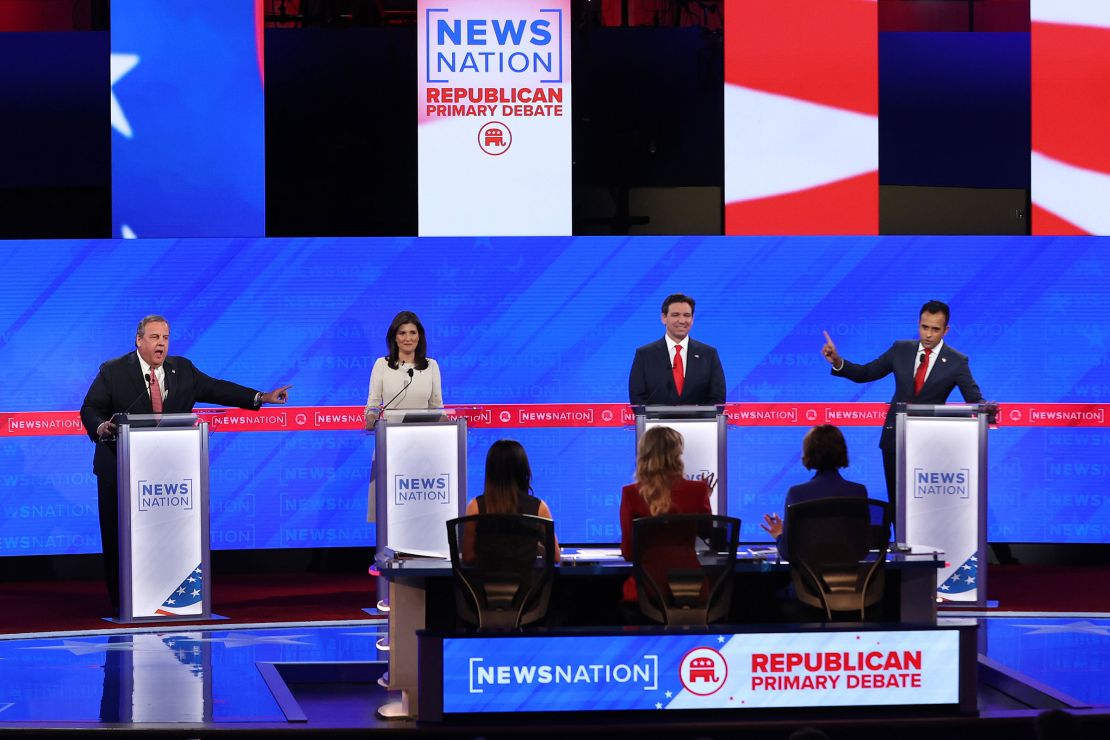 Republican presidential candidates former New Jersey Gov. Chris Christie, former UN Ambassador Nikki Haley, Florida Gov. Ron DeSantis and Vivek Ramaswamy debate at the University of Alabama December 6.