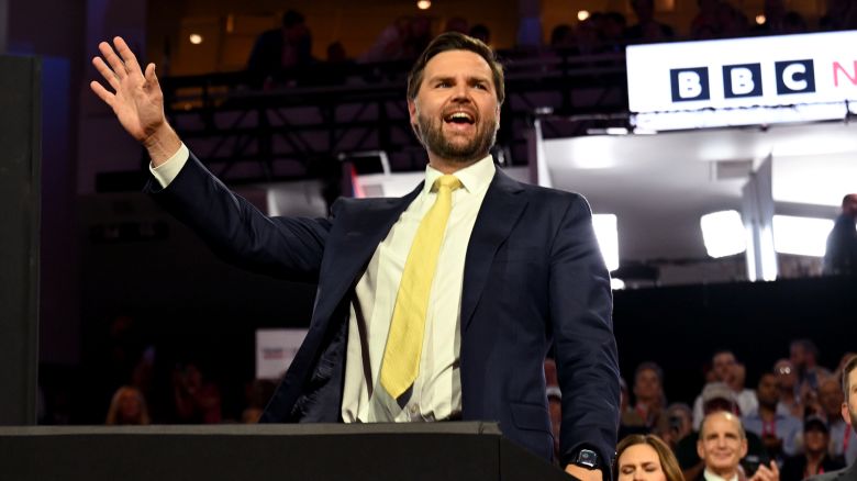 Sen. JD Vance appears at the 2024 Republican National Convention in Milwaukee, Wisconsin, on July 16, 2024.