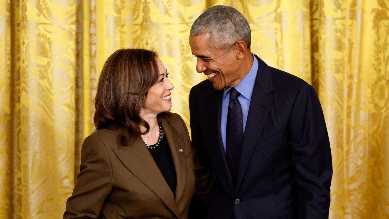 In this April 2022 photo, Vice President Kamala Harris and former President Barack Obama attend an event to mark the 2010 passage of the Affordable Care Act in the East Room of the White House in Washington, DC.