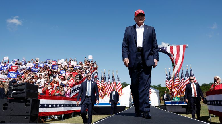 Former President Donald Trump arrives for campaign rally at Greenbrier Farms on June 28 in Chesapeake, Virginia.