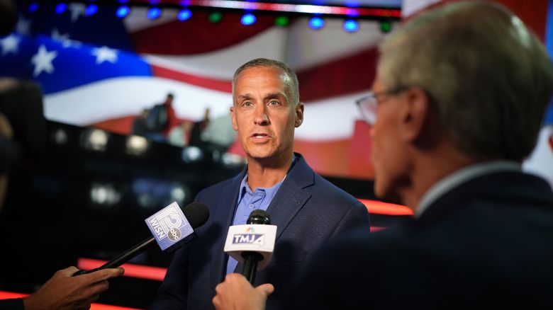 Political consultant Corey Lewandowski is interviewed by media at the Fiserv Forum as preparations are underway for the Republican National Convention on July 14, in Milwaukee, Wisconsin. 