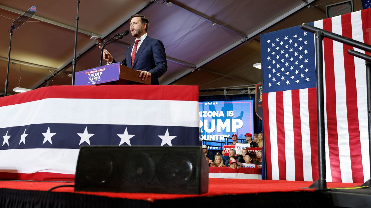 Sen. JD Vance gives remarks at a campaign rally at Arizona Christian University on July 31 in Glendale, Arizona. 