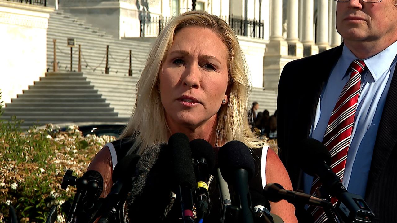 In this still from video, Rep. Marjorie Taylor Greene speaks during a press conference outside the US Capitol in Washington, DC, on May 1.