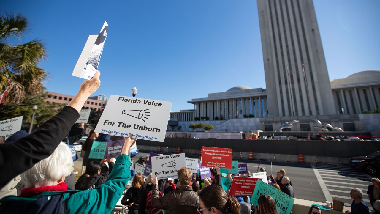 Abortion-rights and anti-abortion activists voice their opinions outside the Florida Supreme Court  on Wednesday, February 7, in Tallahassee, Florida. 