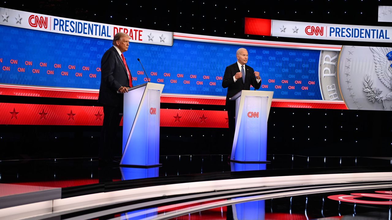 Former President Donald Trump and President Joe Biden debate at CNN's Atlanta studios on June 27, 2024.