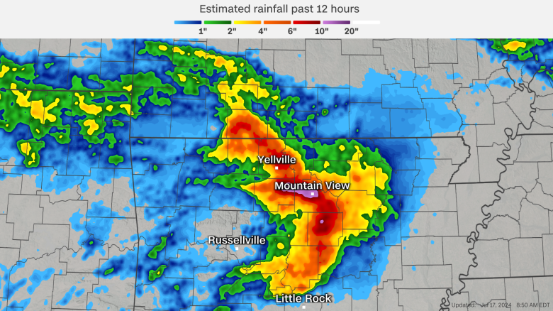 Radar estimates show how much rain has fallen since Tuesday night in Arkansas and the surrounding area.