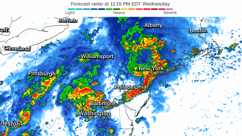 A forecast model shows one way thunderstorms may impact the East Wednesday night.