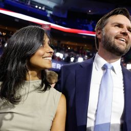 Sen. JD Vance and his wife Usha Chilukuri Vance look on as he is nominated for the office of Vice President on the first day of the Republican National Convention at the Fiserv Forum in Milwaukee, Wisconsin on July 15.
