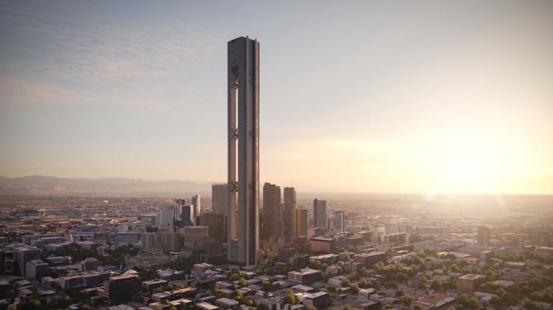 This render shows SOM and Energy Vault’s proposed superstructure tower, a skyscraper which integrates gravity-energy storage.