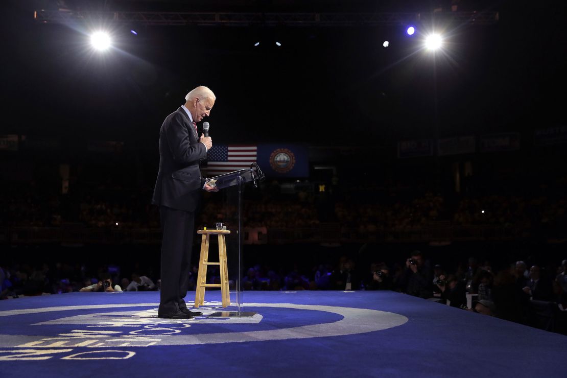 In this February 2020 photo, then-Democratic presidential candidate Joe Biden speaks during the 100 Club Dinner at SNHIU in Manchester, New Hampshire.