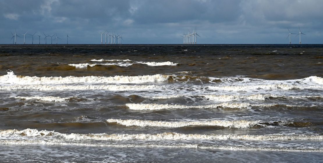 Turbines at the Burbo Bank Offshore Wind Farm off the northwestern English coast near New Brighton.