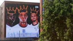 A general view of the mural at Trafford Park is seen on July 14, 2021 in Manchester, England. A Giant mural in support of the three England footballers Marcus Rashford, Jadon Sancho and Bukayo Saka has been unveiled in Manchester. The England stars were targeted with racist abuse online after they missed penalties in the Euro 2020 final leading to defeat by Italy.