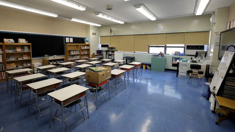 An empty classroom at Yung Wing School P.S. 124 shows that a teacher has prepared for the start of the school year on September 02, 2021 in New York City.