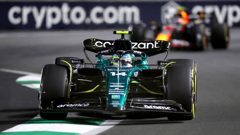 JEDDAH, SAUDI ARABIA - MARCH 19: Fernando Alonso of Spain driving the (14) Aston Martin AMR23 Mercedes on track during the F1 Grand Prix of Saudi Arabia at Jeddah Corniche Circuit on March 19, 2023 in Jeddah, Saudi Arabia. (Photo by Peter Fox/Getty Images)