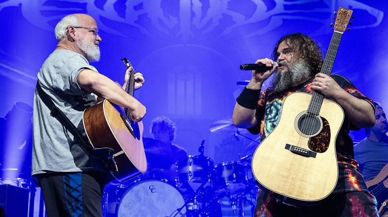 Kyle Gass (left) and Jack Black of Tenacious D pictured on stage in September 2023.