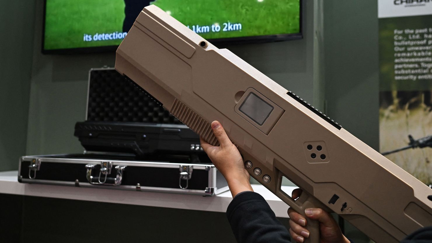 A handheld drone detection jammer is displayed during a security exhibition in Villepinte, a suburb of Paris, France, on November 14, 2023.