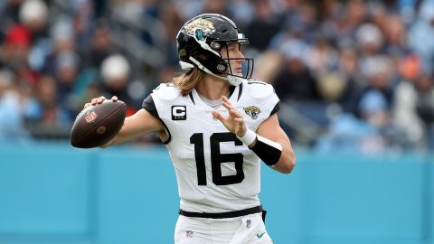Trevor Lawrence of the Jacksonville Jaguars looks to pass the ball during a game against the Tennessee Titans in Nashville, Tennessee on January 7, 2024.