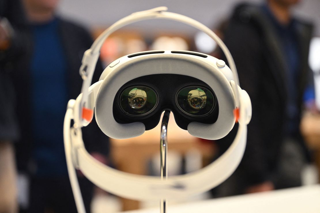 An Apple Vision Pro headset is displayed during the product release at the Apple Store in New York City on February 2, 2024. The Vision Pro, the tech giant's $3,499 headset, is its first major release since the Apple Watch nine years ago.