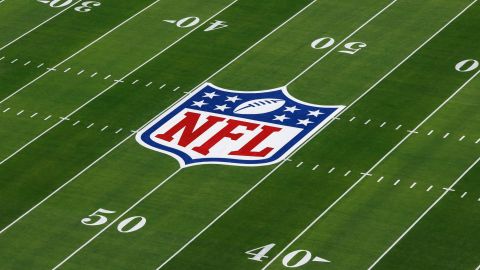 A detail view of the NFL shield logo painted on the field before the NFL Super Bowl LVIII football game between the Kansas City Chiefs and San Francisco 49ers at Allegiant Stadium on February 11, 2024 in Las Vegas, Nevada.