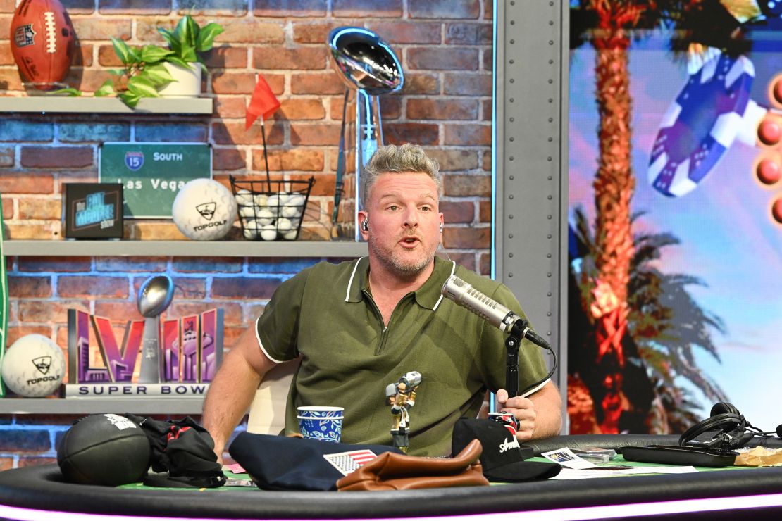 Pat McAfee hosts his show The Pat McAfee Show on Radio Row at the Mandalay Bay Convention Center ahead of Super Bowl LVIII on February 08, 2024 in Las Vegas, Nevada.