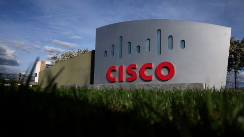 The Cisco logo is displayed in front of Cisco headquarters on February 09, 2024 in San Jose, California.