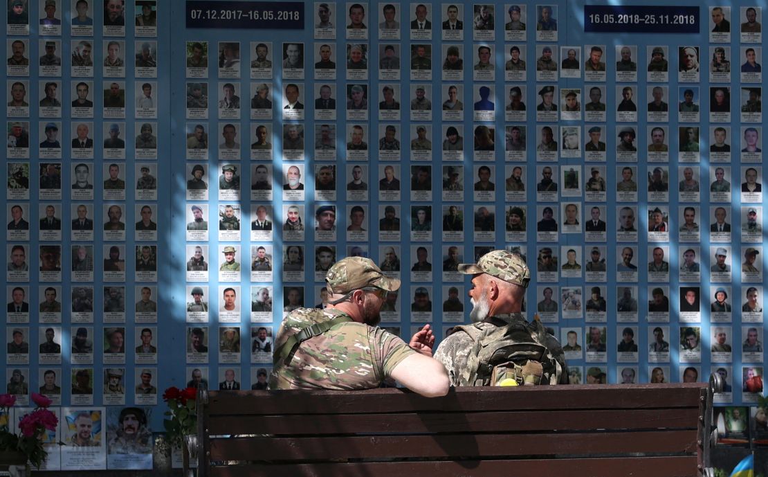 The Wall of Remembrance of the Fallen for Ukraine in central Kyiv, which bears the photographs of soldiers killed in the conflict.