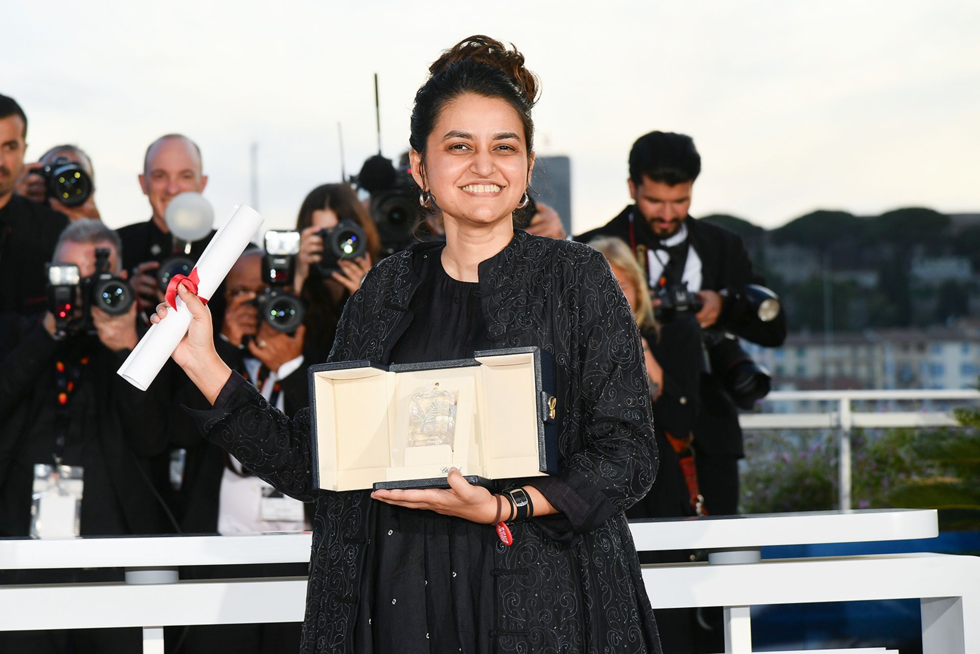 Payal Kapadia poses with the Grand Prix award at the 77th annual Cannes Film Festival on May 25, 2024.