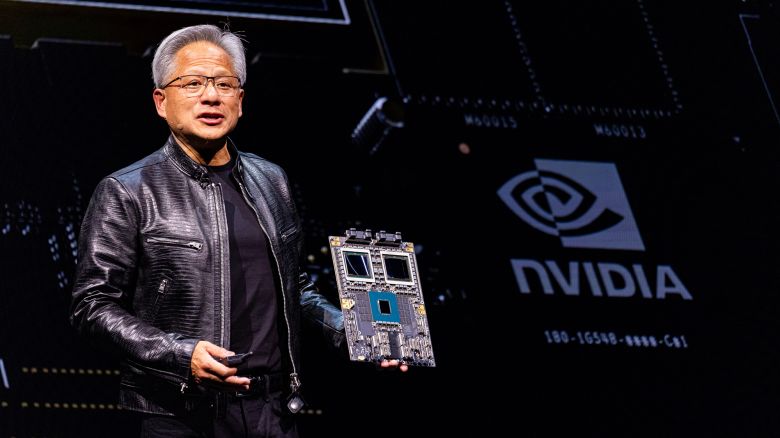 Jensen Huang, co-founder and chief executive officer of Nvidia Corp., speaks during an event in Taipei, Taiwan, on Sunday, June 2, 2024. Huang said the company plans to upgrade its AI accelerators every year, announcing a Blackwell Ultra chip for 2025 and a next-generation platform in development called Rubin for 2026. Photographer: Annabelle Chih/Bloomberg via Getty Images