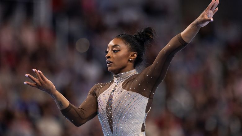 FORT WORTH, TEXAS - JUNE 02: Simone Biles performs her floor routine during the 2024 Xfinity U.S. Gymnastics Championships at Dickies Arena on June 2, 2024 in Fort Worth, Texas.(Photo by Aric Becker/ISI Photos/Getty Images)