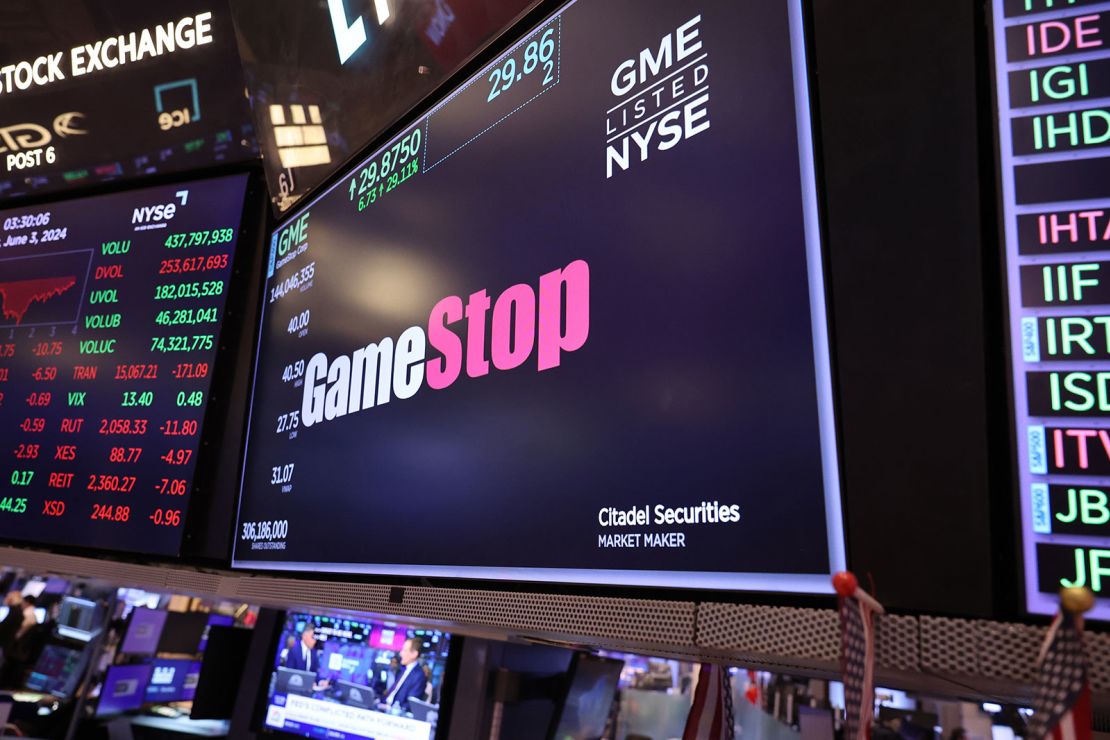 The Gamestop company logo is seen on display at the New York Stock Exchange during afternoon trading on June 3, 2024 in New York City.