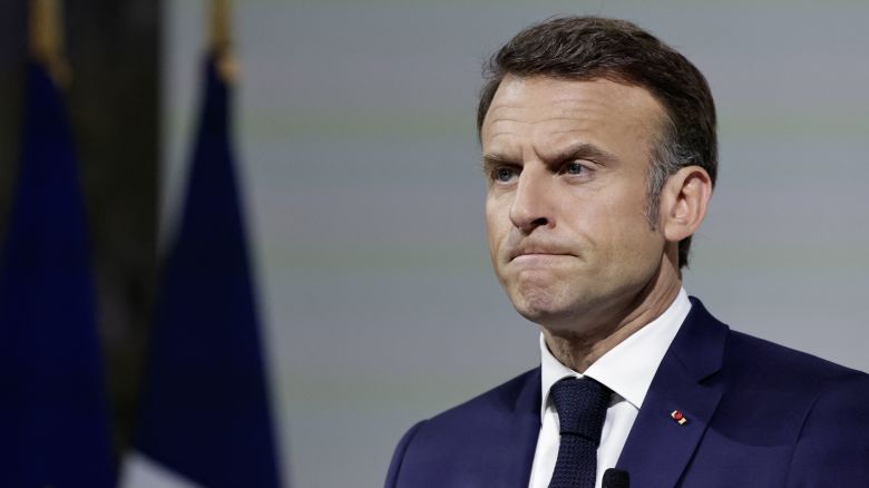 TOPSHOT - France's President Emmanuel Macron delivers remarks during a press conference held at the Pavillon Cambon Capucines in Paris on June 12, 2024. France's President Emmanuel Macron has addressed a press conference following his June 9, announcement that he was dissolving parliament, and his call for snap legislative elections after the far-right trounced his centrist alliance in EU polls. (Photo by STEPHANE DE SAKUTIN / AFP) (Photo by STEPHANE DE SAKUTIN/AFP via Getty Images)