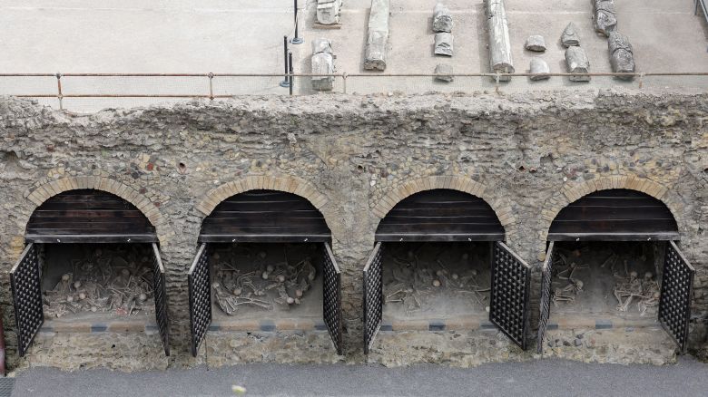 ERCOLANO, ITALY - 2024/06/19: (EDITORS NOTE: Image depicts death.) A view of the ancient beach, with the skeletons of the fugitive victims of the eruption of Vesuvius in 79 AD, open to the public for the first time, in the archaeological excavations of Herculaneum. (Photo by Marco Cantile/LightRocket via Getty Images)