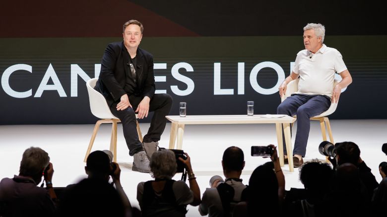 CANNES, FRANCE - JUNE 19: (L-R) Chief Technology Officer of X Elon Musk and CEO of WPP Mark Read speak onstage during the "Exploring the New Frontiers of Innovation: Mark Read in Conversation with Elon Musk" session at the Lumiere Theatre during the Cannes Lions International Festival Of Creativity 2024 - Day Three on June 19, 2024 in Cannes, France. (Photo by Richard Bord/WireImage)