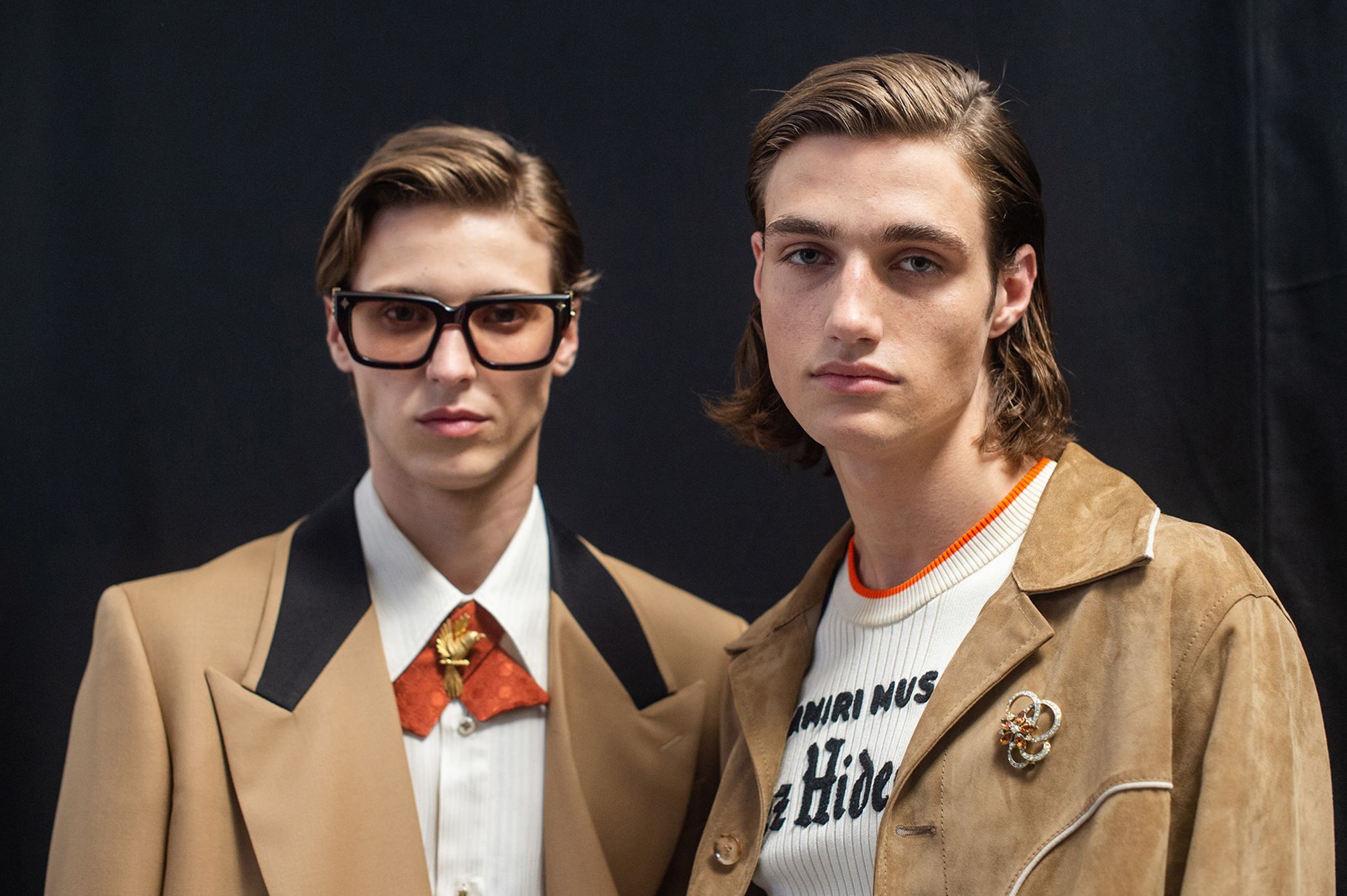 Models backstage at the Amiri Menswear Spring Summer 2025 show on June 20, 2024 in Paris, France. The collection riffed off the theme of 'modern jazz'.