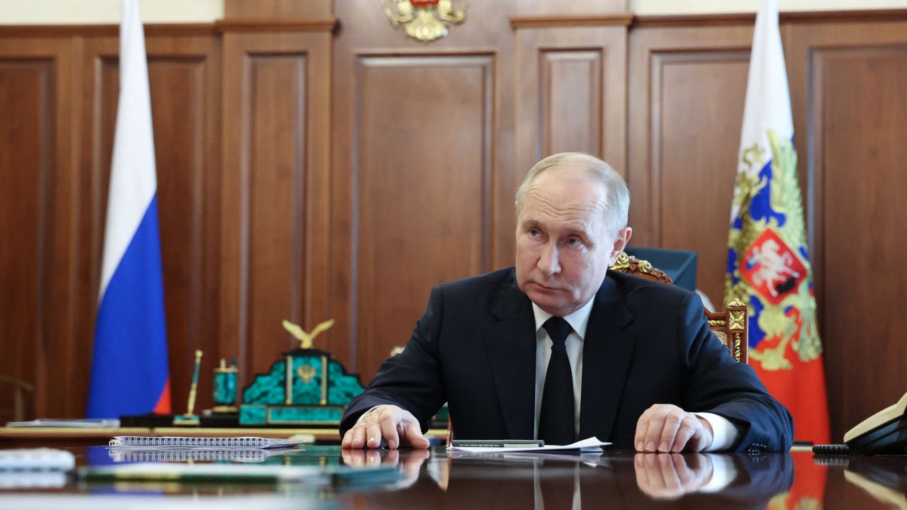 In this pool photograph distributed by the Russian state agency Sputnik, Russia's President Vladimir Putin meets with the Russian-installed governor of the Kherson region Vladimir Saldo (not pictured) in Moscow on June 25, 2024. (Photo by Vyacheslav PROKOFYEV / POOL / AFP) (Photo by VYACHESLAV PROKOFYEV/POOL/AFP via Getty Images)