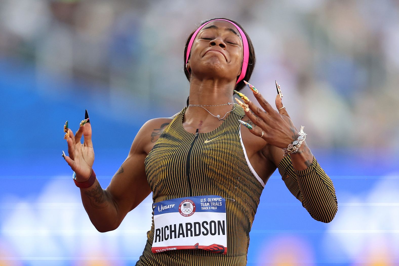 US sprinter Sha'Carri Richardson reacts after <a href="https://www.cnn.com/2024/06/23/sport/shacarri-richardson-qualifies-paris-olympics/index.html">winning the 100-meter final at the Olympic trials</a> in Eugene, Oregon, on Saturday, June 22. In 2021, Richardson won the same race and was expected to be one of the biggest draws at the Tokyo Olympic Games. But she did not compete in Tokyo after accepting a one-month ban for her positive test of THC, a chemical found in marijuana.