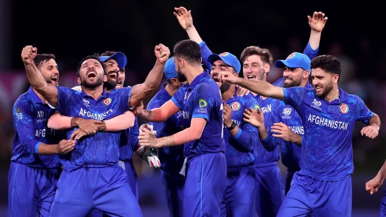 Afghanistan players celebrates during their victory over Australia at the T20 Cricket World Cup.