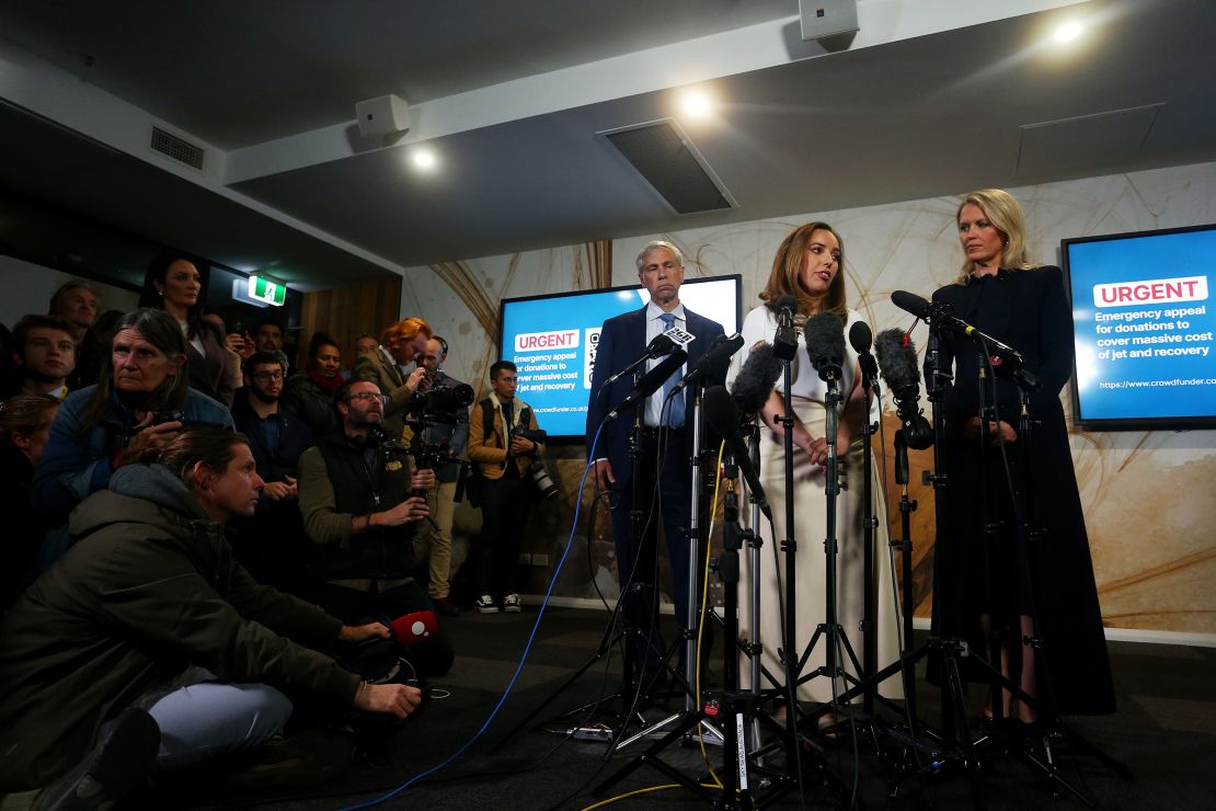 Stella Assange, wife of WikiLeaks founder Julian Assange, speaks as lawyers Barry Pollack and Jennifer Robinson look on during a press conference at East Hotel in Canberra, Australia on June 26, 2024.