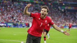 GELSENKIRCHEN, GERMANY - JUNE 26: Khvicha Kvaratskhelia of Georgia celebrates after scoring his teams first goal during the UEFA EURO 2024 group stage match between Georgia and Portugal at Arena AufSchalke on June 26, 2024 in Gelsenkirchen, Germany.(Photo by Jan Fromme - firo sportphoto/Getty Images)