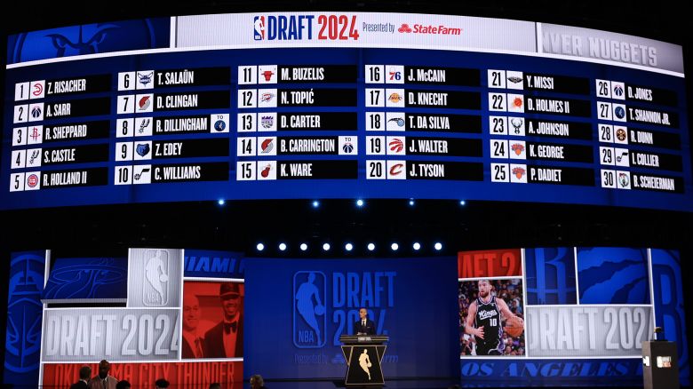 An overall view showing the first 30 draft picks during the first round of the 2024 NBA Draft at Barclays Center on June 26, 2024 in the Brooklyn borough of New York City.