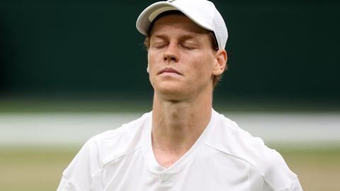 LONDON, ENGLAND - JULY 09: Jannik Sinner of Italy reacts as he plays against Daniil Medvedev in the Gentlemen's Singles Quarter Final match during day nine of The Championships Wimbledon 2024 at All England Lawn Tennis and Croquet Club on July 09, 2024 in London, England. (Photo by Sean M. Haffey/Getty Images)