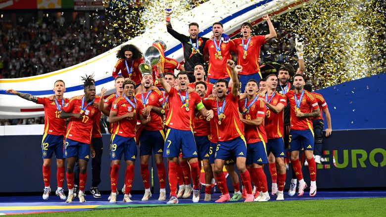 Alvaro Morata of Spain lifts the UEFA Euro 2024 Henri Delaunay Trophy after his team's victory during the UEFA EURO 2024 final match between Spain and England at Olympiastadion on July 14, 2024 in Berlin, Germany.