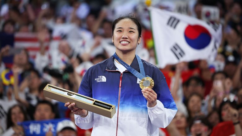 Se Young An of Team Republic of Korea celebrates winning the gold medal following victory over Jiao Bing He of Team People’s Republic of China in the Women's Singles Gold Medal Match between Se Young An of Team Republic of Korea and Jiao Bing He of Team People’s Republic of China on day ten of the Olympic Games Paris 2024 at Porte de La Chapelle Arena on August 5, 2024 in Paris, France.