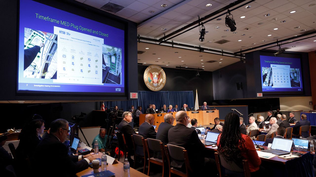 WASHINGTON, DC - AUGUST 06: A visual aid displays the steps of production of an MED plug during an investigative hearing on the Alaska Airlines Flight 1282 at the National Transportation Safety Board (NTSB) headquarters on August 06, 2024 in Washington, DC. The NTSB held the hearing to discuss an incident where on January 5, 2024 a door plug blew off Flight 1282, a Boeing 737 MAX 9, causing an uncontrolled decompression of the aircraft. (Photo by Anna Moneymaker/Getty Images)