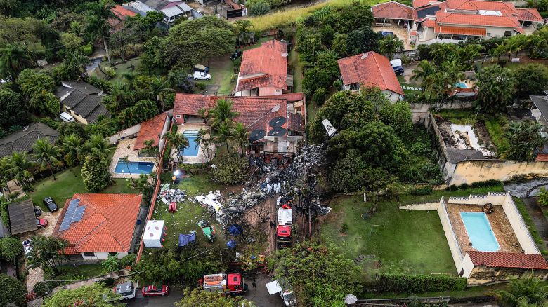 The wreckage of an airplane that crashed with 61 people on board in Vinhedo, Sao Paulo State, Brazil, on August 10, 2024. An airplane carrying 57 passengers and four crew crashed on August 9 in Brazil's Sao Paulo state, killing everyone on board, the airline said. The aircraft, an ATR 72-500 operated by Voepass airline, was traveling from Cascavel in southern Parana state to Sao Paulo's Guarulhos international airport when it crashed in the city of Vinhedo.