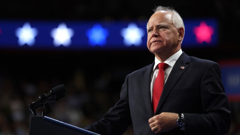 Minnesota Gov. Tim Walz speaks at a campaign rally in Las Vegas on August 10, 2024.