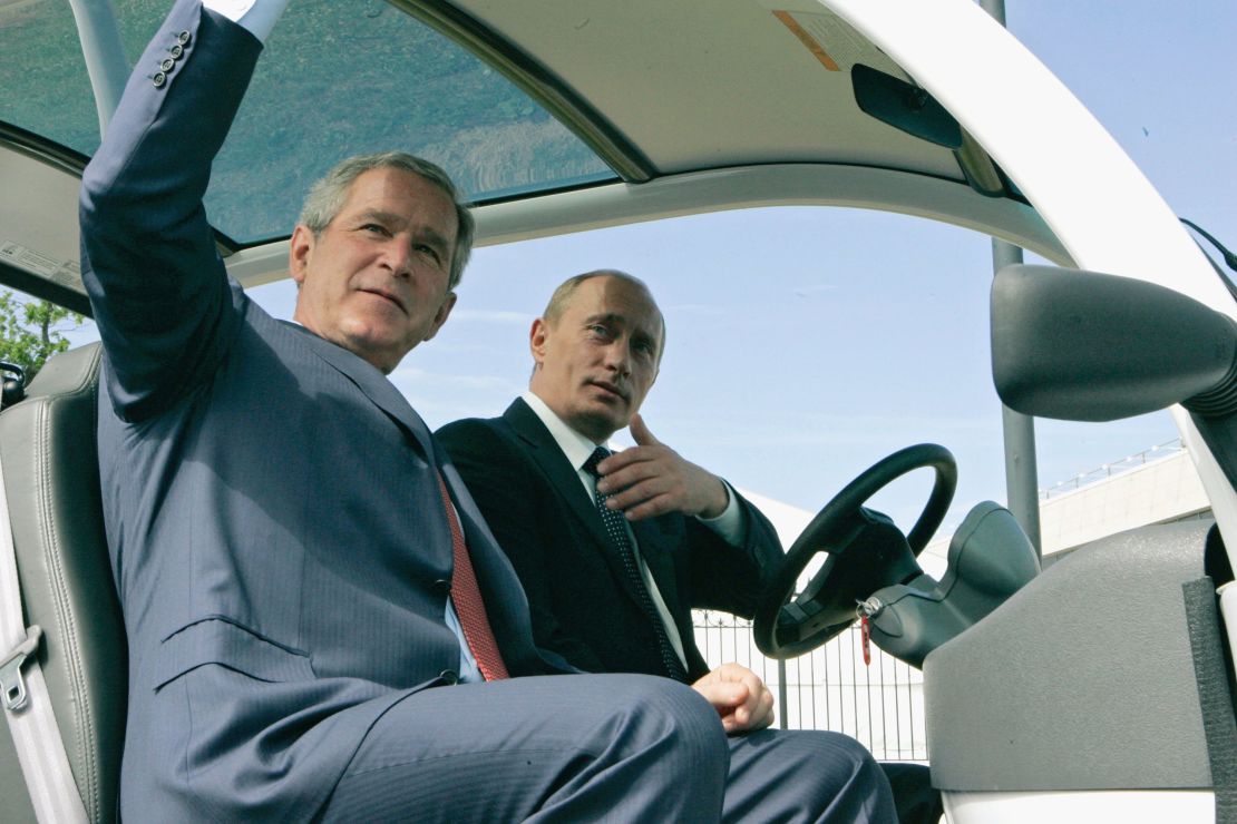 ST. PETERSBURG, RUSSIA - JULY 15: In this handout photo U.S. President George W. Bush and Russian President Vladimir Putin arrive for a joint news conference at the International Media Centre on July 15, 2006 in St. Petersburg, Russia. Leaders of the world's most powerful nations gathering today for the G8 summit will be trying to set out an agenda for defusing the crisis in the Middle East. (Photo by www.g8russia.ru via Getty Images)