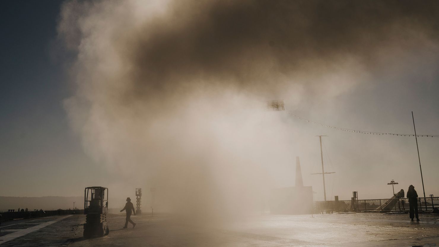 A salt water solution is sprayed in advance of a cloud brightening experiment on board the decommissioned U.S.S. Hornet in Alameda, Calif., April 2, 2024. (Ian Bates/The New York Times)